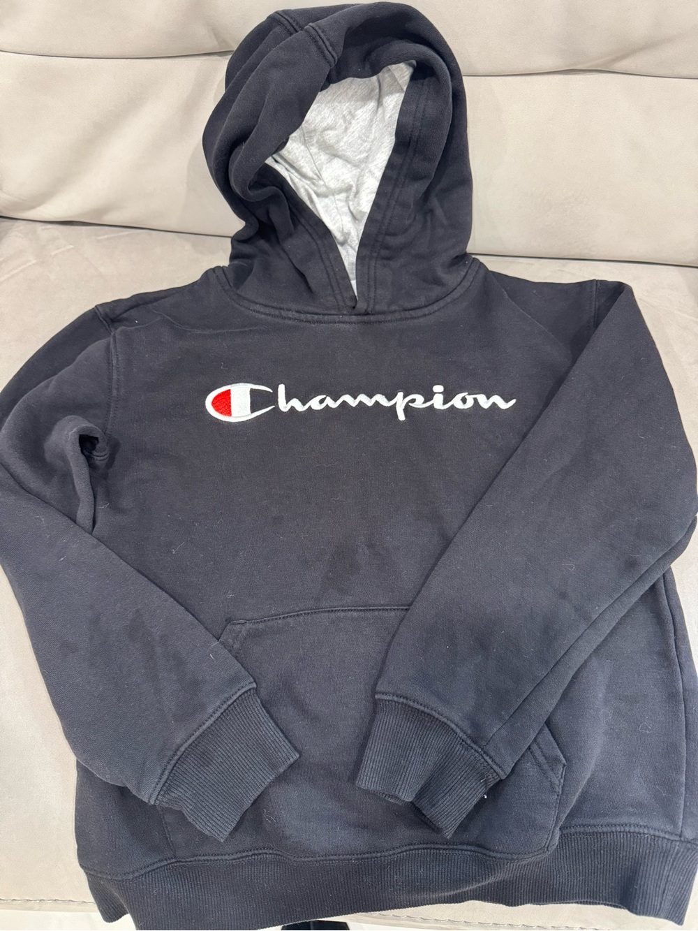 Champion Black Hoodie with White Script and Red Logo Accent